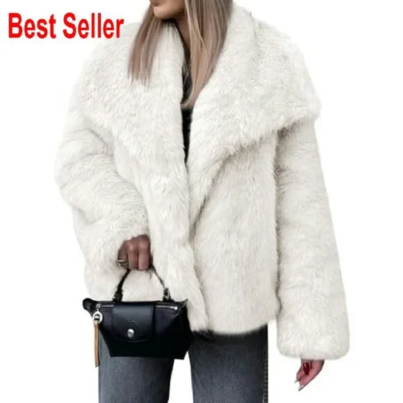 Faux Fur Coat Oversized Lapel Shaggy Winter Jacket Chic Fuzzy Outerwear - Picture 2 of 7